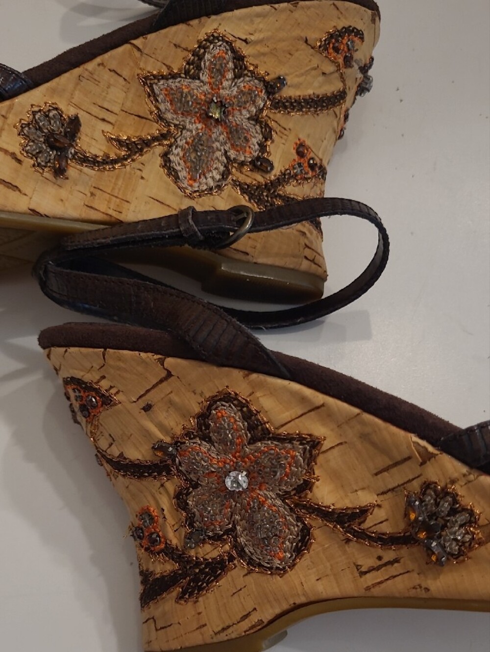 Bandolino Beaded Flower Accent Cork Wedge Sandals Bohemian Ankle Strap Heel Y2K - Picture 13 of 17
